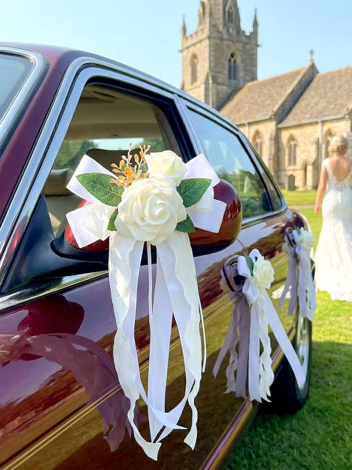 White Wedding Car Door Handle Decorative Flowers Bowknot 4Pcs