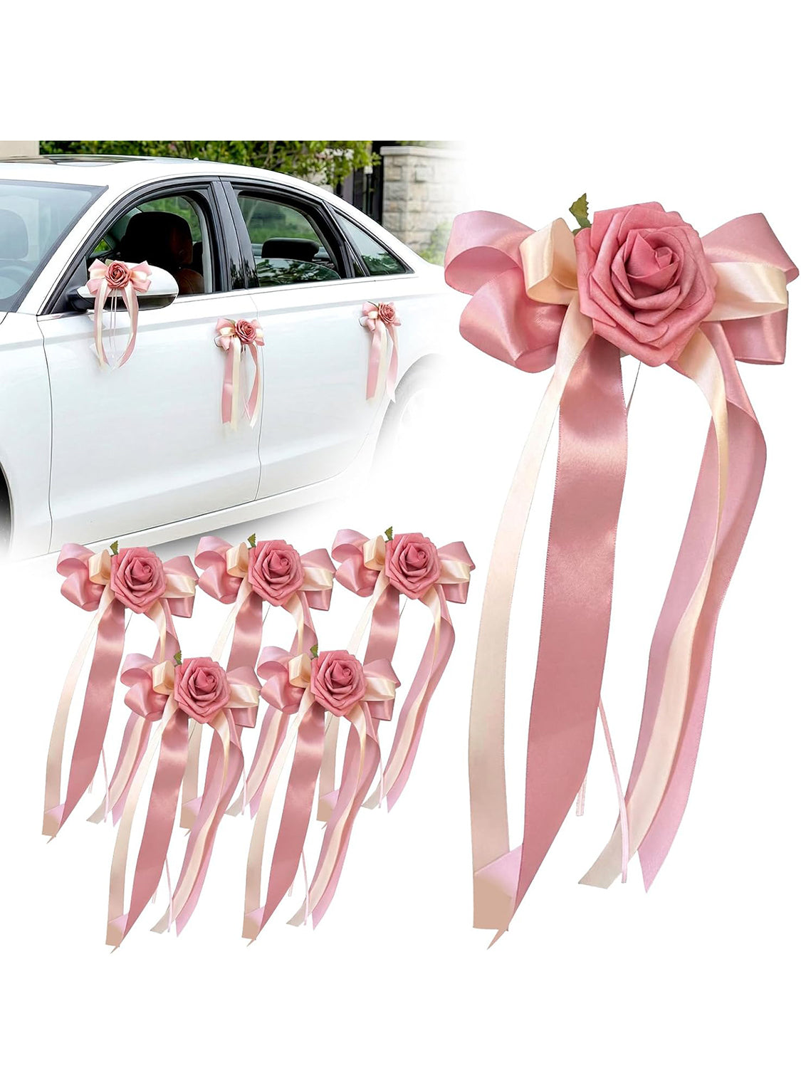 Pink Wedding Car Door Handle Decorative Flowers Bowknot 6Pcs