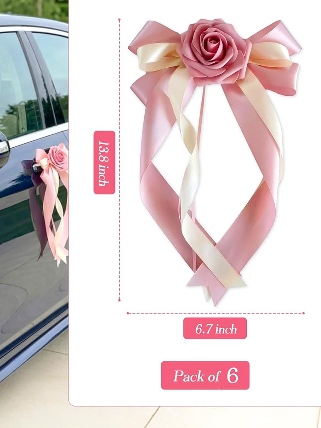 Pink Wedding Car Door Handle Decorative Flowers Bowknot 6Pcs