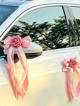 Pink Wedding Car Door Handle Decorative Flowers Bowknot 6Pcs