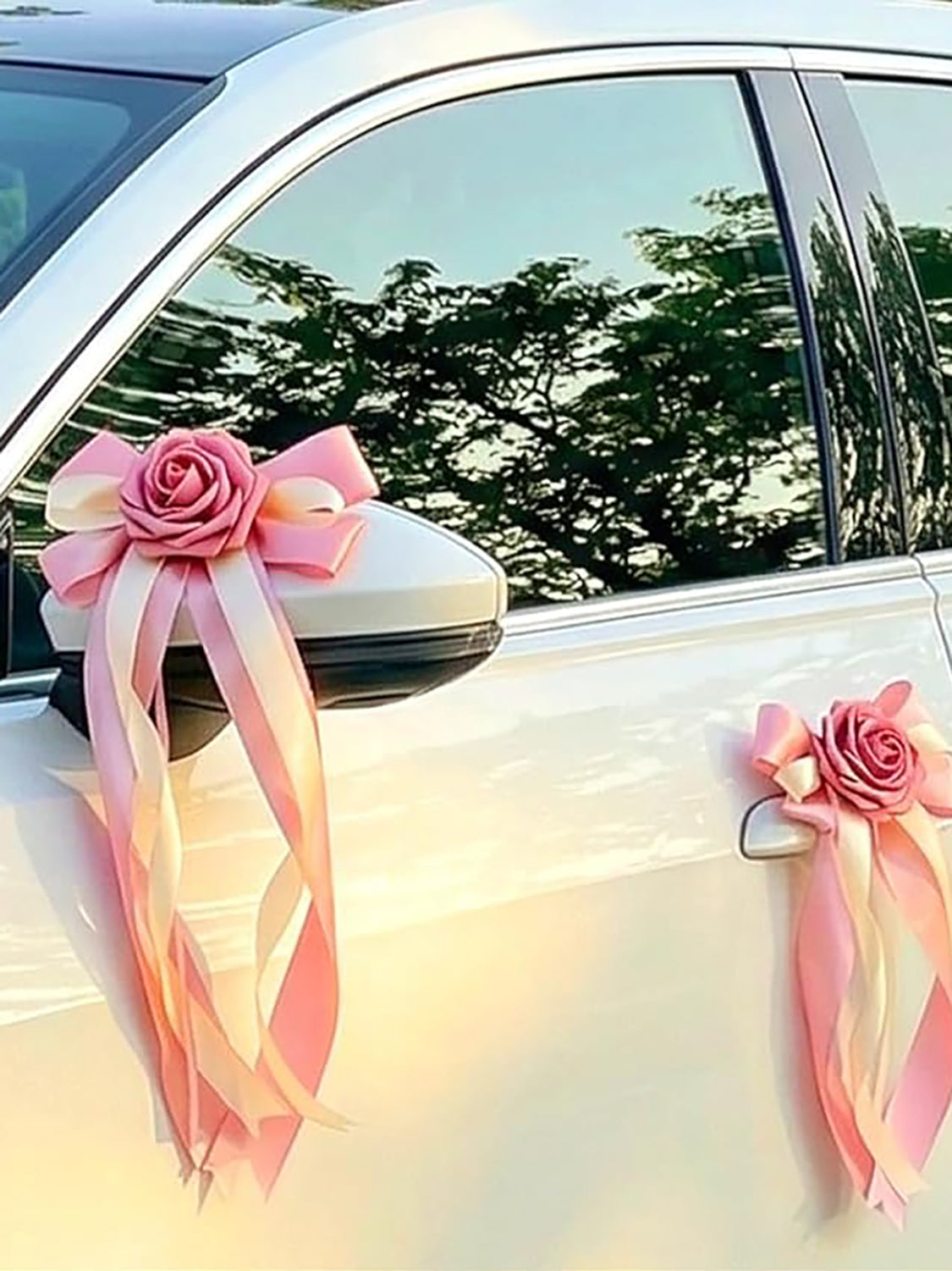 Pink Wedding Car Door Handle Decorative Flowers Bowknot 6Pcs