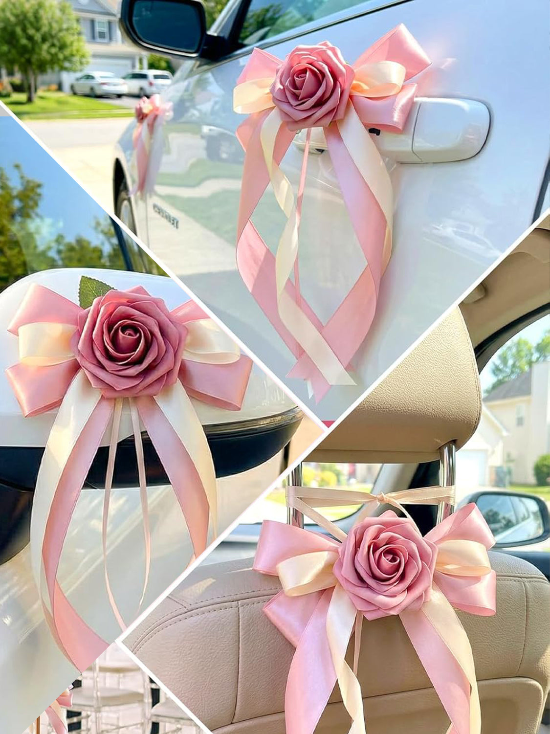 Pink Wedding Car Door Handle Decorative Flowers Bowknot 6Pcs
