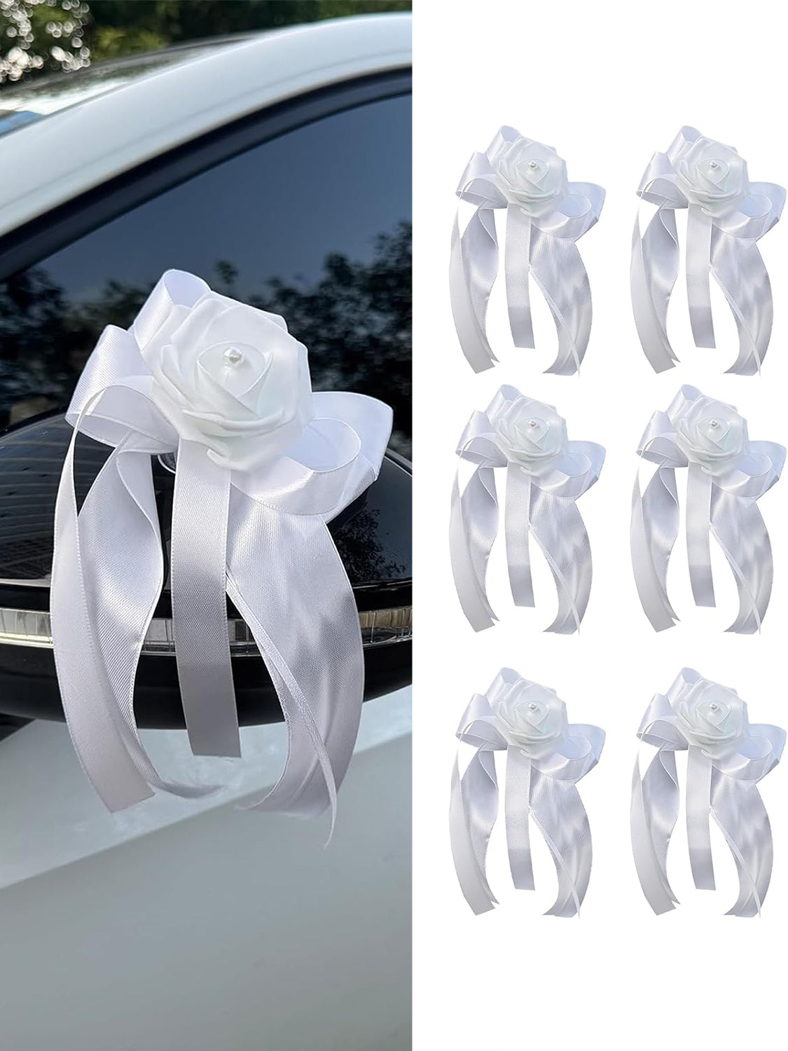 White Bow Car Decoration Flower 6 Pcs