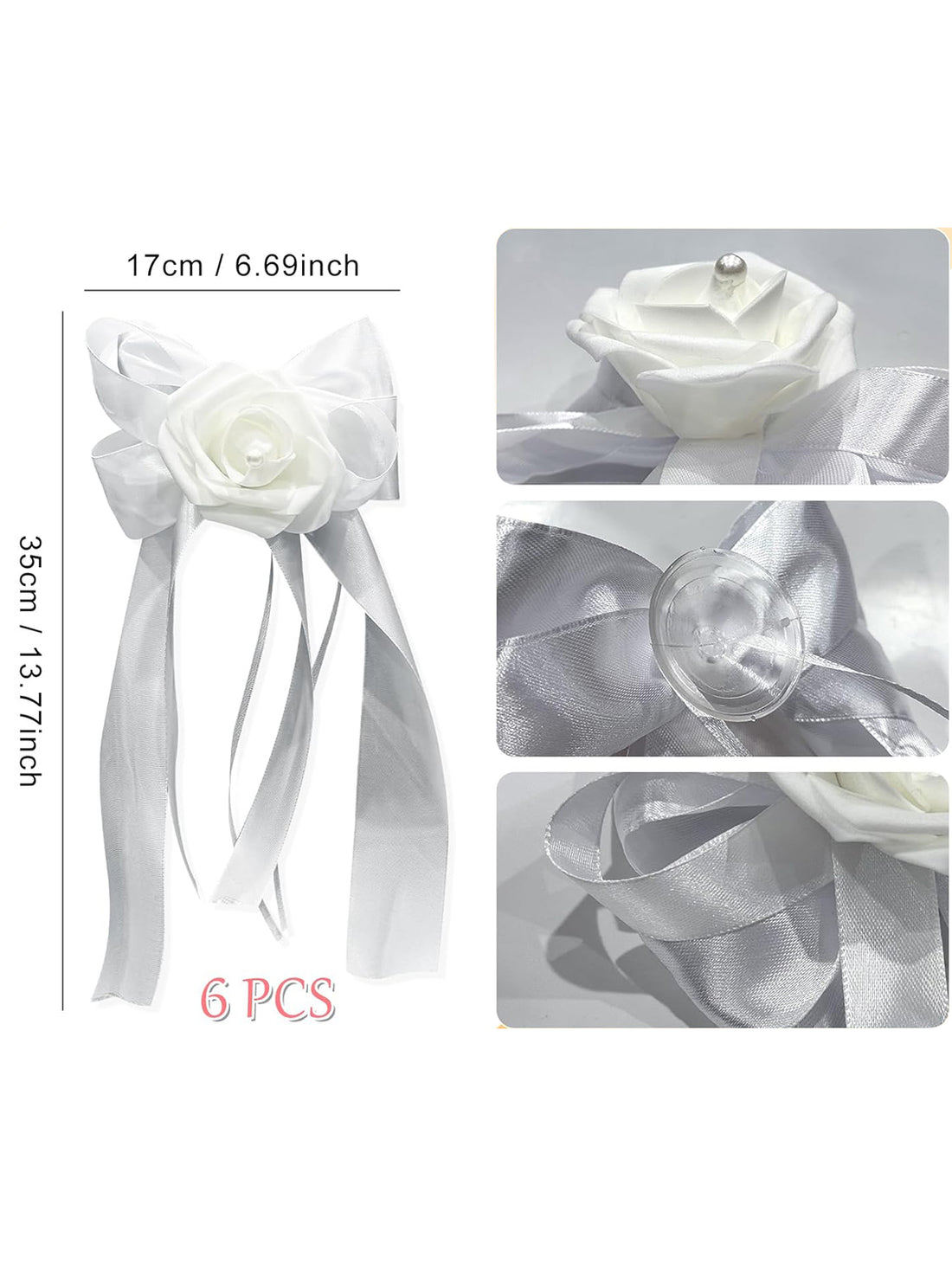 White Bow Car Decoration Flower 6 Pcs