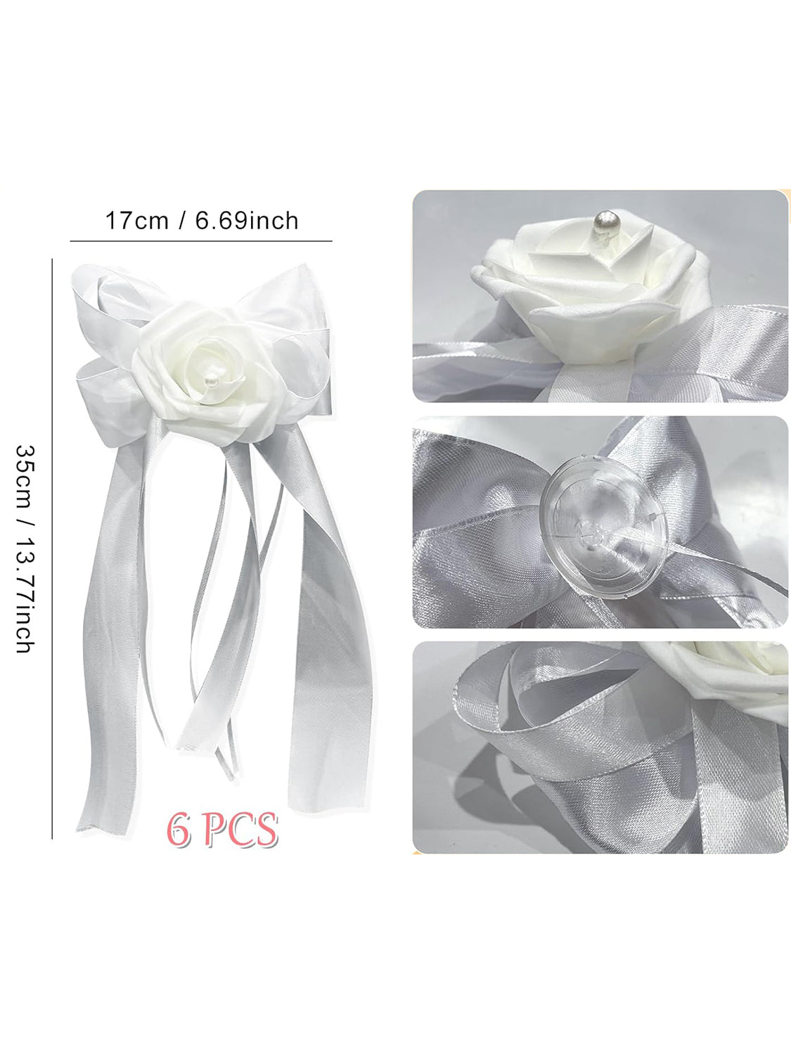 White Bow Car Decoration Flower 6 Pcs