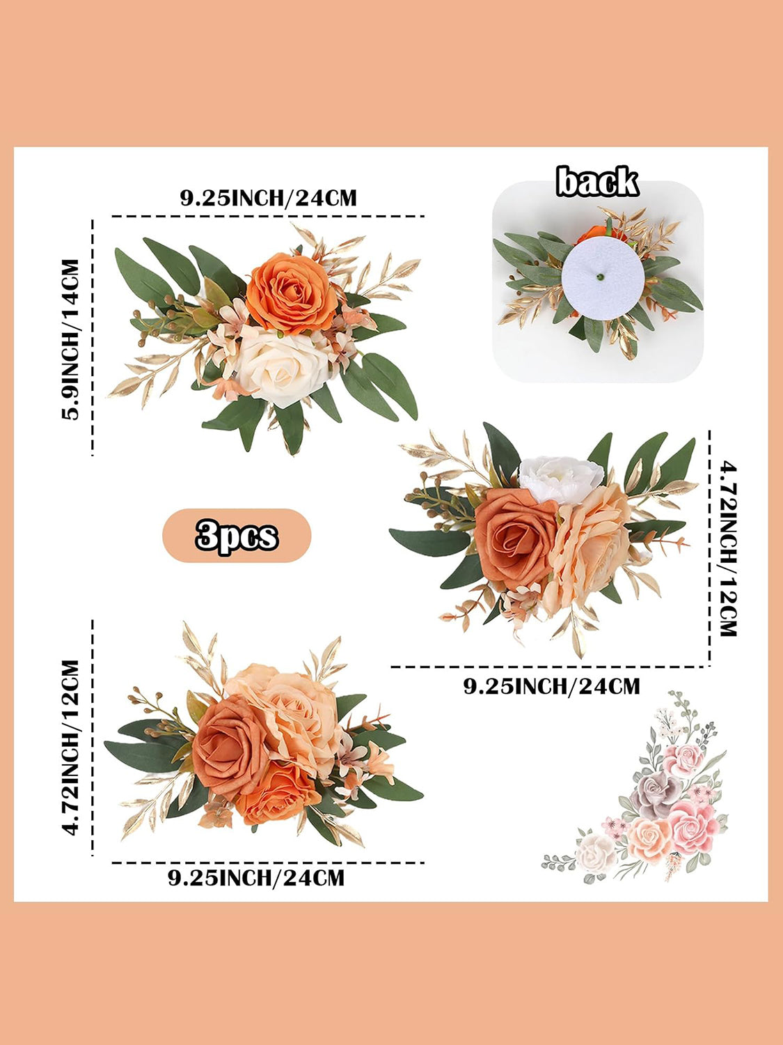 Chic Terracotta Wedding Cake Flowers 3Pcs Faux Floral Decorations