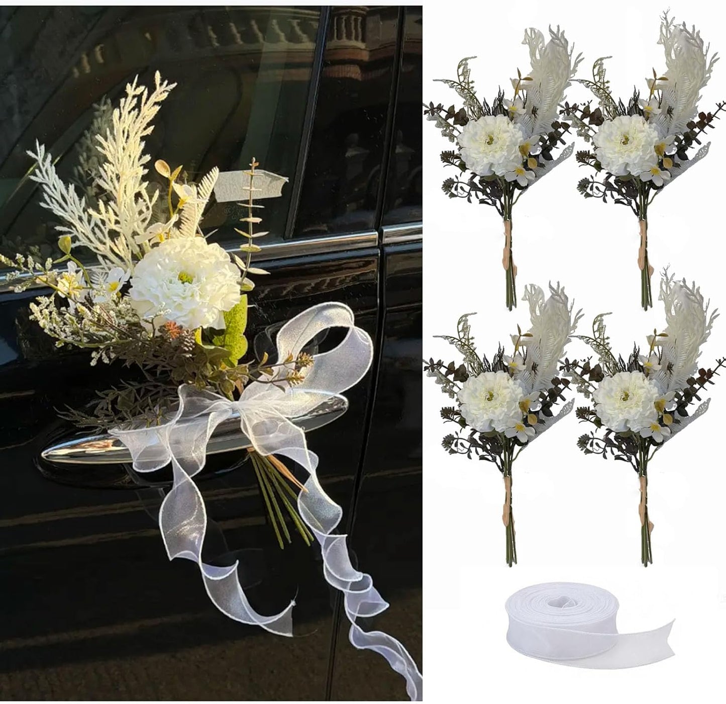 White Rose Wedding Car Decorations 4Pcs 12Inch
