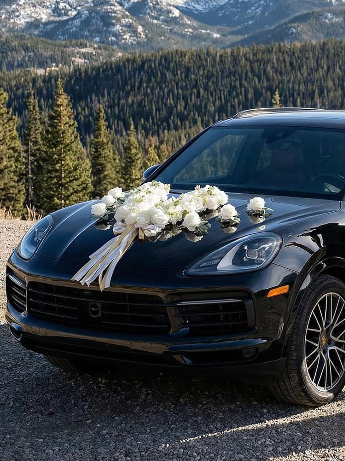 V Shape with Hanging Ribbon Wedding Car Hood Flower Decorations