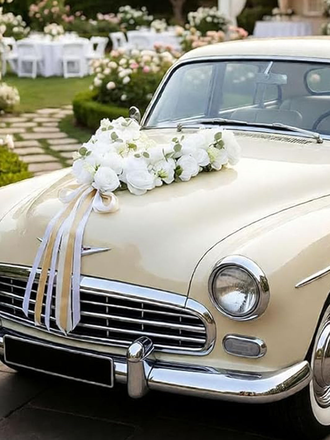 V Shape with Hanging Ribbon Wedding Car Hood Flower Decorations