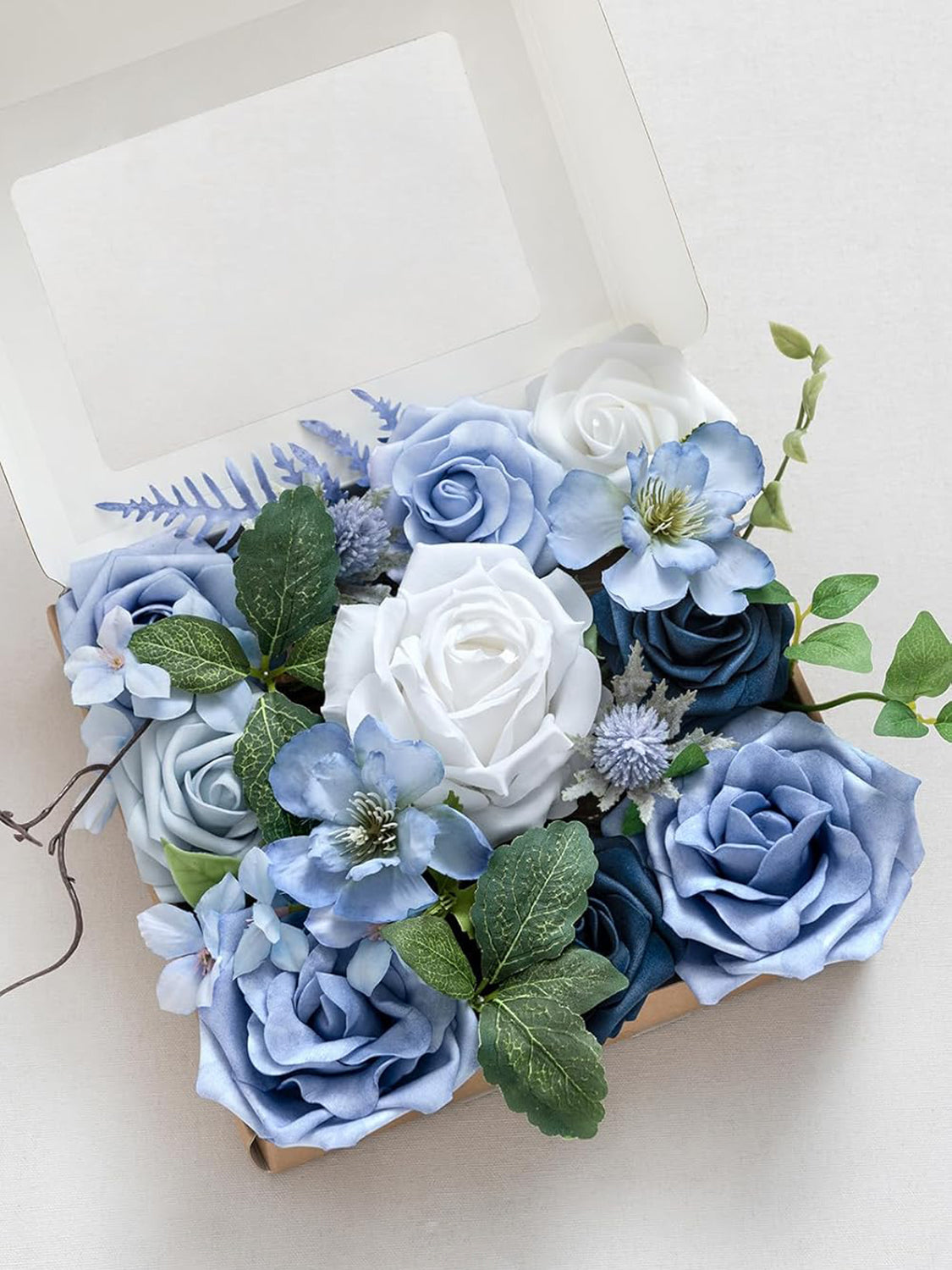 Dusty Blue & Ivory Mini Combo Silk Peony Fake Flowers Box