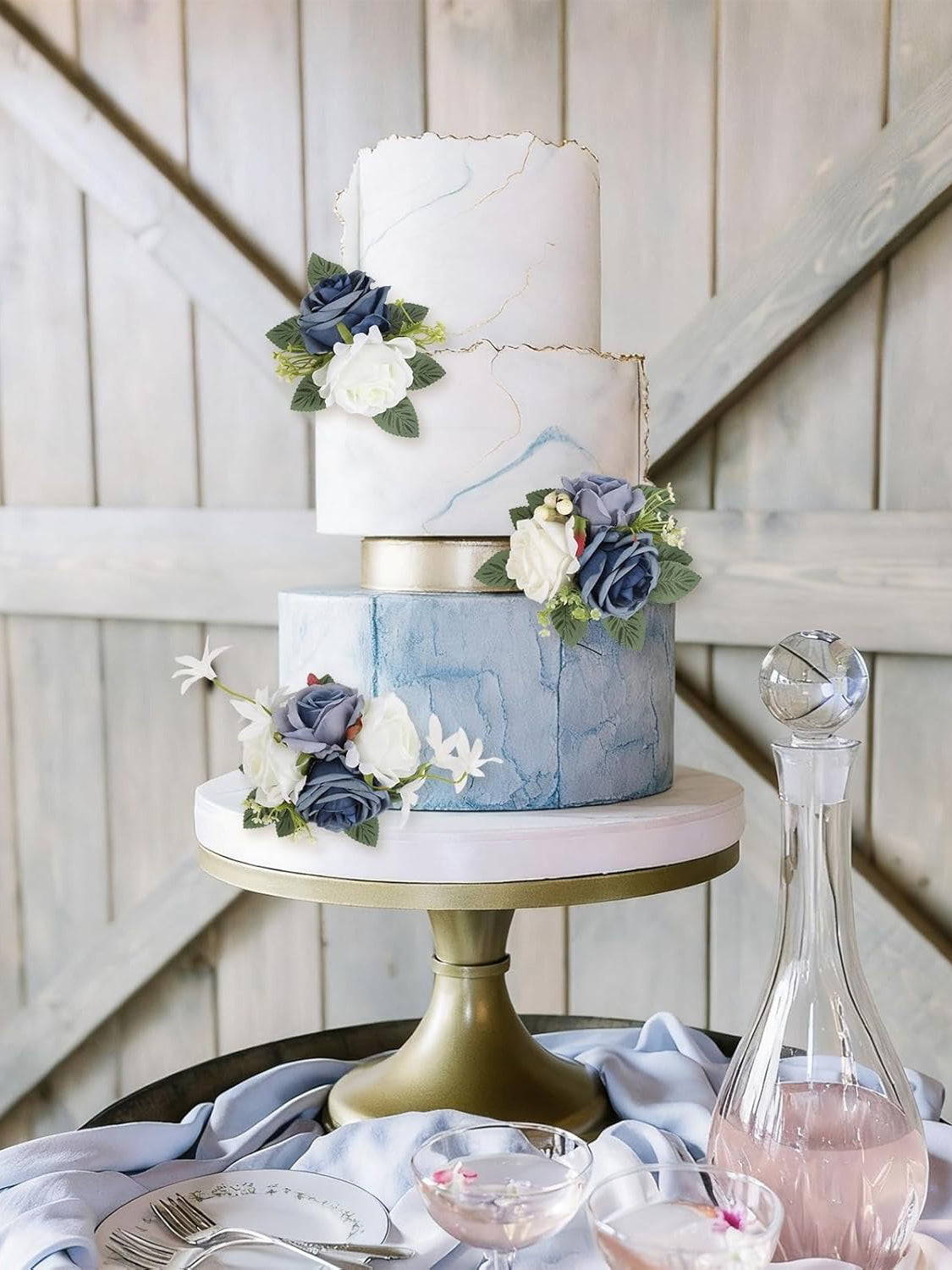 Dusty Blue Faux Cake Flowers Set 3pcs Floral Cake Decorations For Wedding