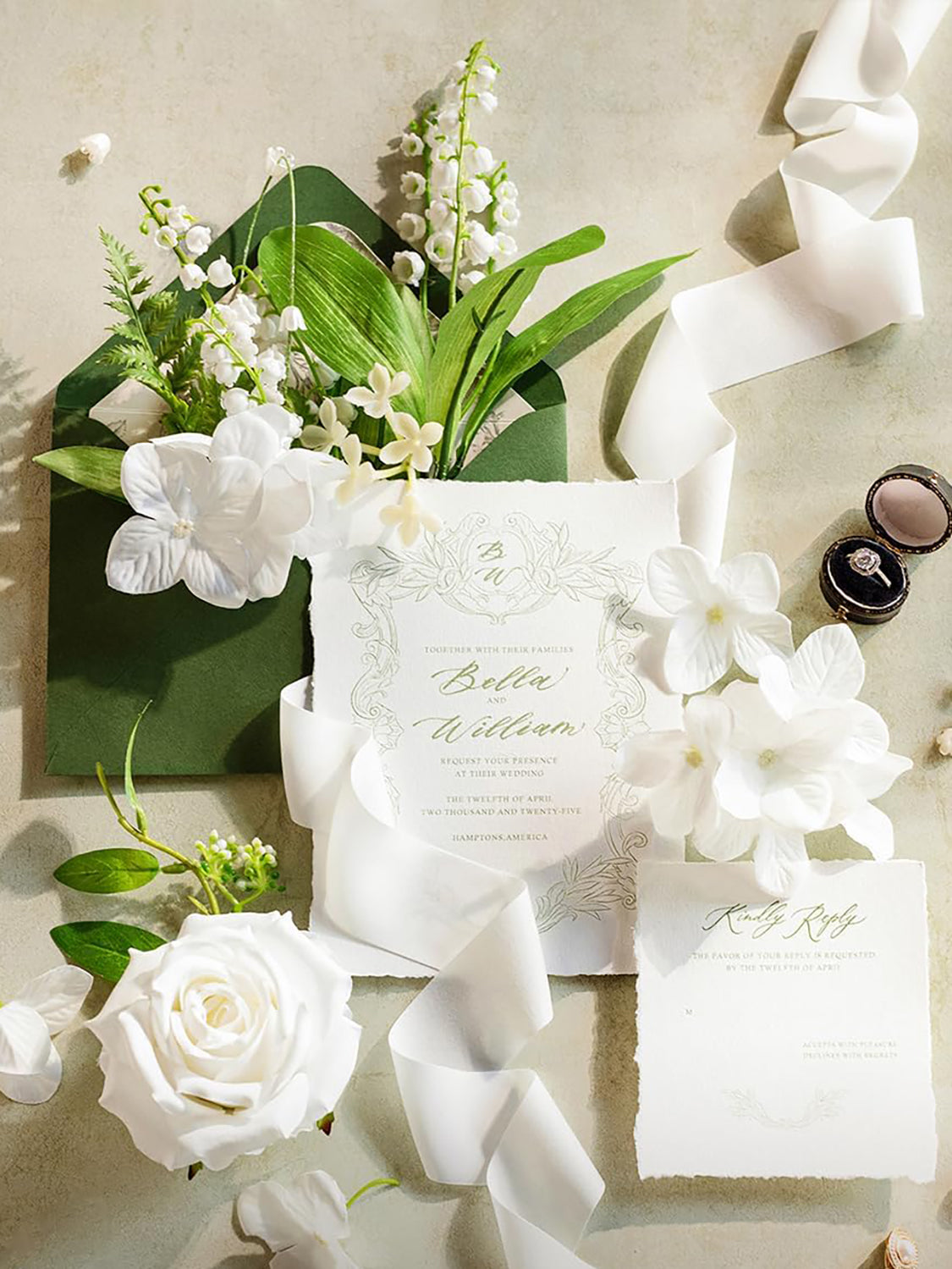 White & Olive Green Mini Combo Silk Roses Fake Flowers Box