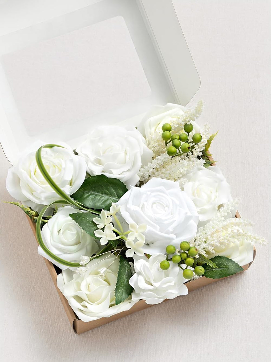 White & Olive Green Mini Combo Silk Roses Fake Flowers Box