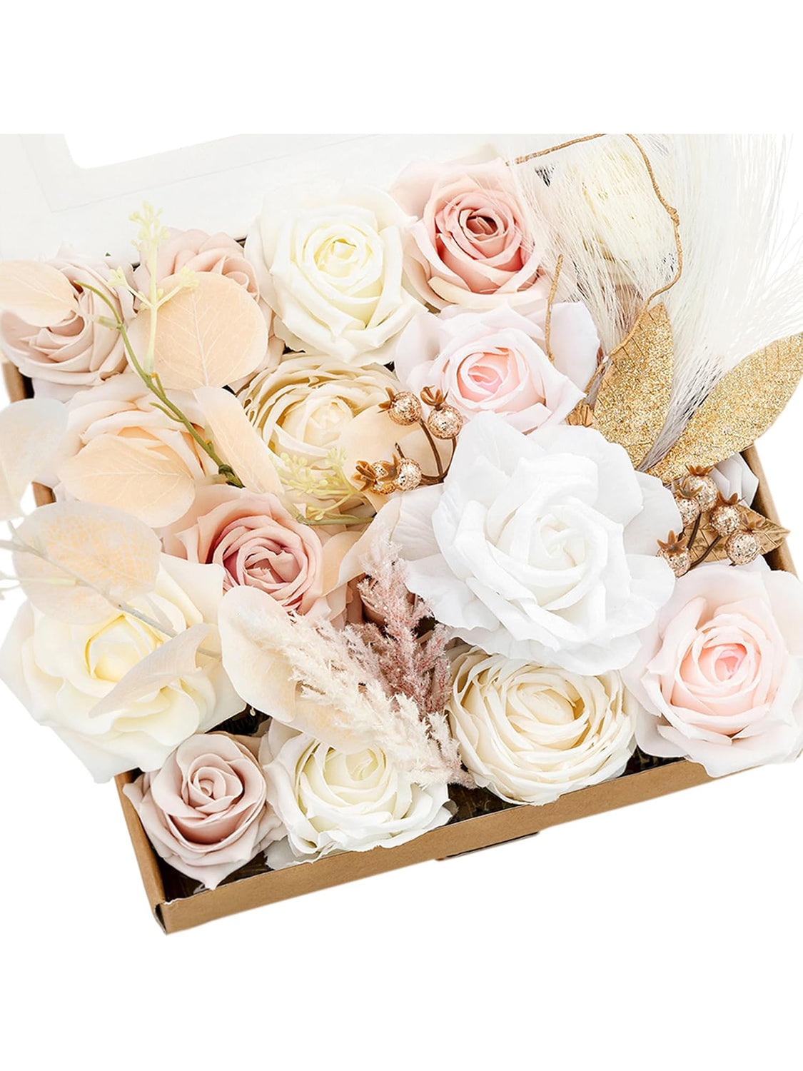 White & Beige Fake Berry Silk Eucalyptus Flowers Box