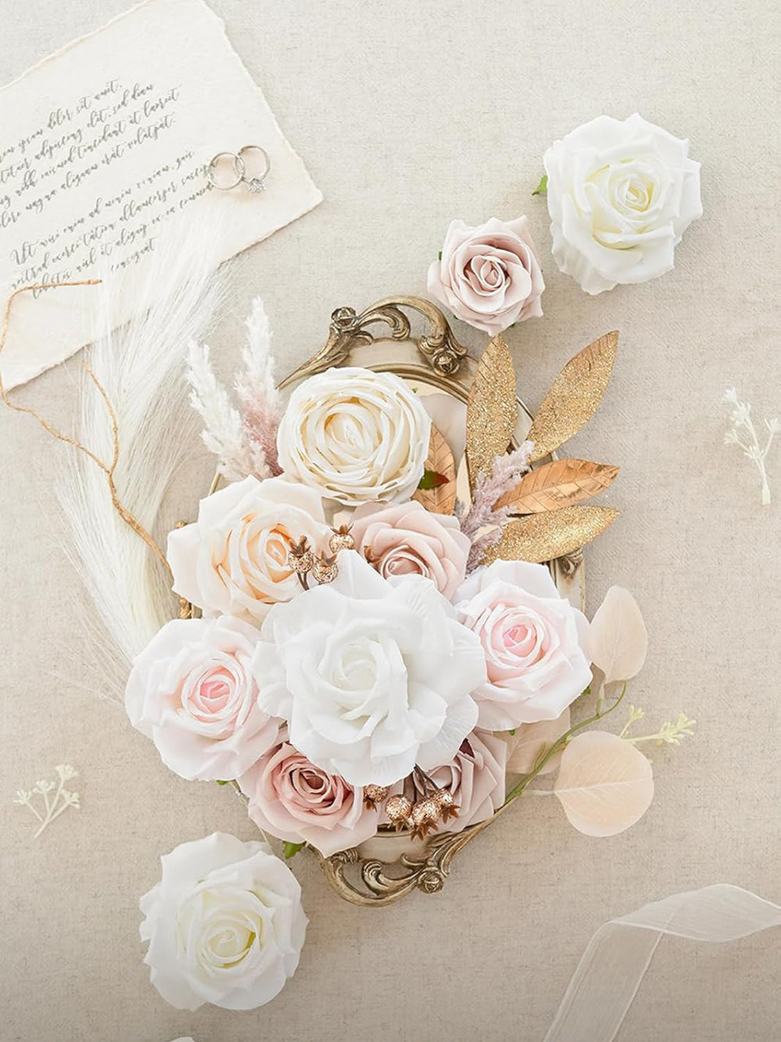 White & Beige Fake Berry Silk Eucalyptus Flowers Box