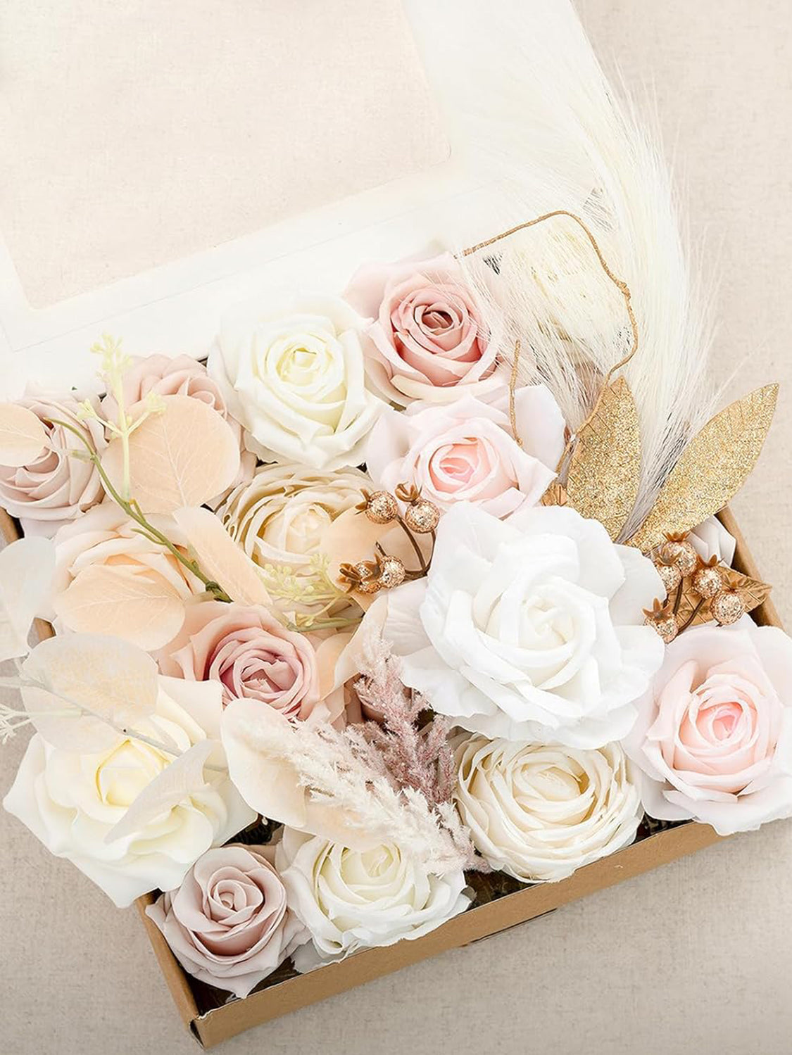 White & Beige Fake Berry Silk Eucalyptus Flowers Box