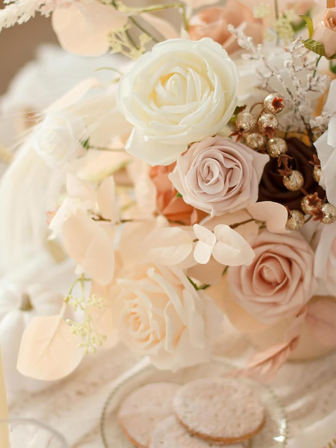 White & Beige Fake Berry Silk Eucalyptus Flowers Box