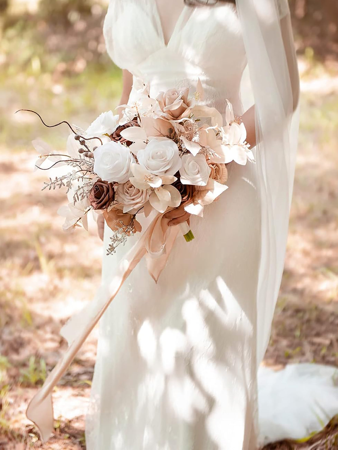White & Sepia Fake Roses Berry Flowers Box