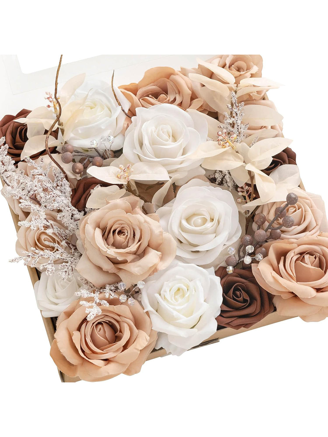 White & Sepia Fake Roses Berry Flowers Box
