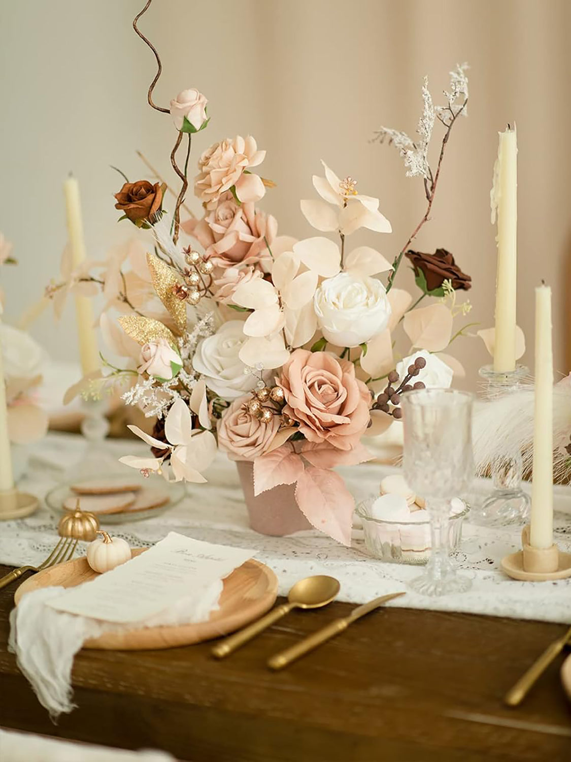 White & Sepia Fake Roses Berry Flowers Box