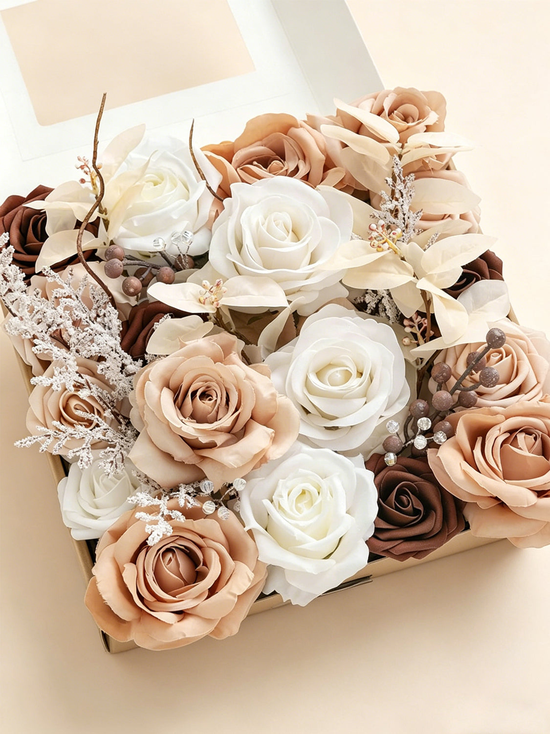 White & Sepia Fake Roses Berry Flowers Box