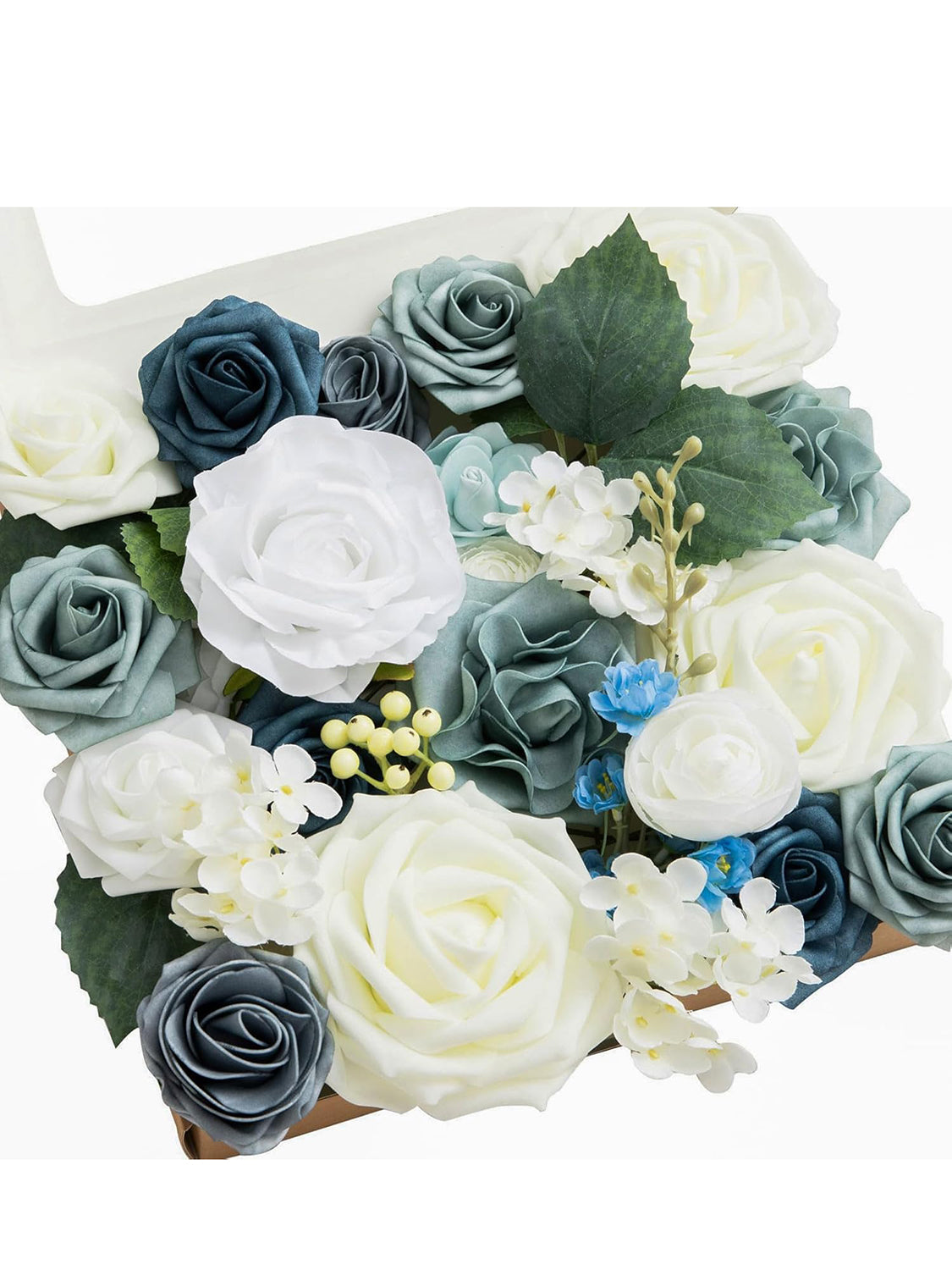 Dusty Blue & Ivory Fake Roses Gardenia Silk Hydrangea Flowers Box