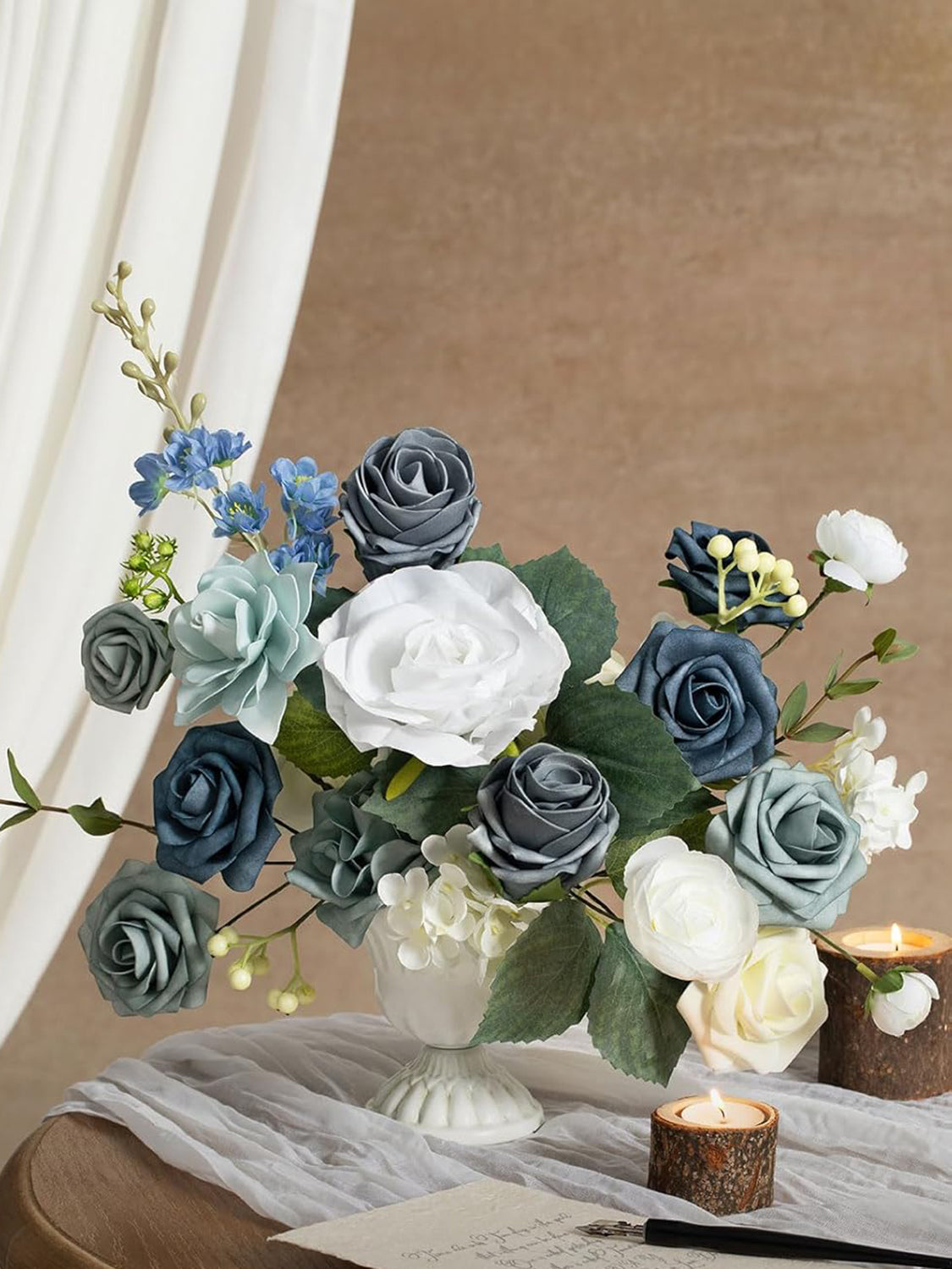 Dusty Blue & Ivory Fake Roses Gardenia Silk Hydrangea Flowers Box