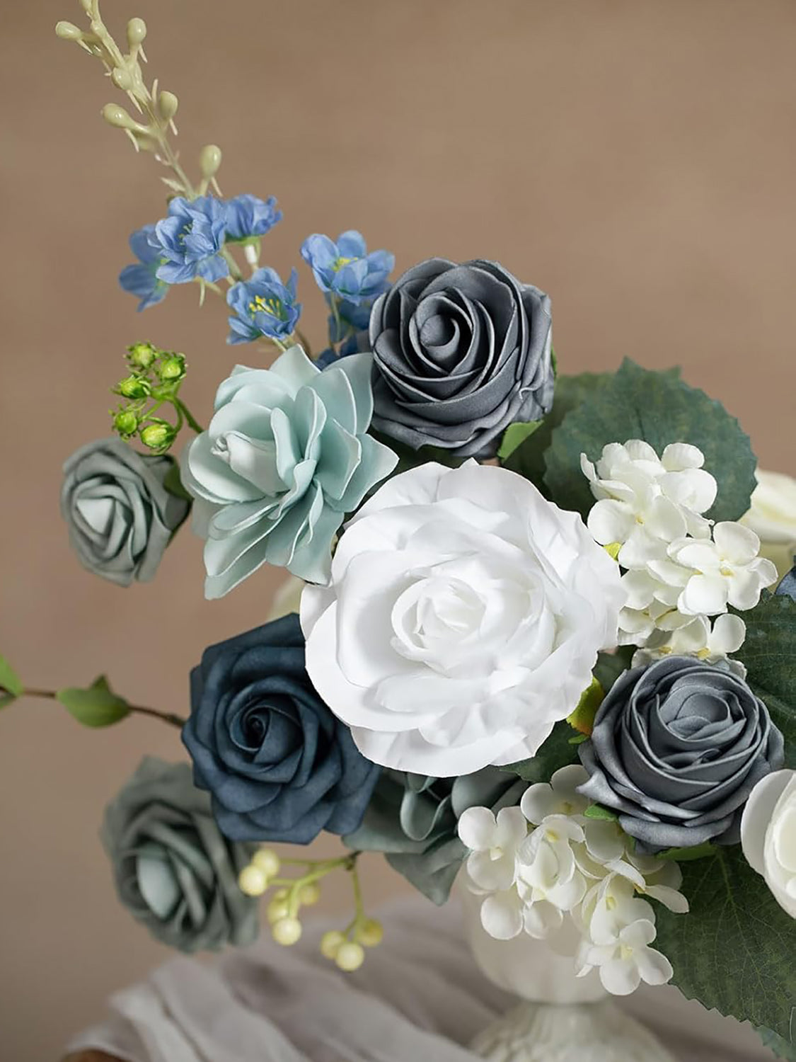 Dusty Blue & Ivory Fake Roses Gardenia Silk Hydrangea Flowers Box