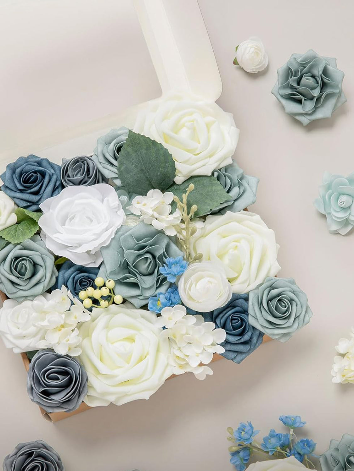 Dusty Blue & Ivory Fake Roses Gardenia Silk Hydrangea Flowers Box