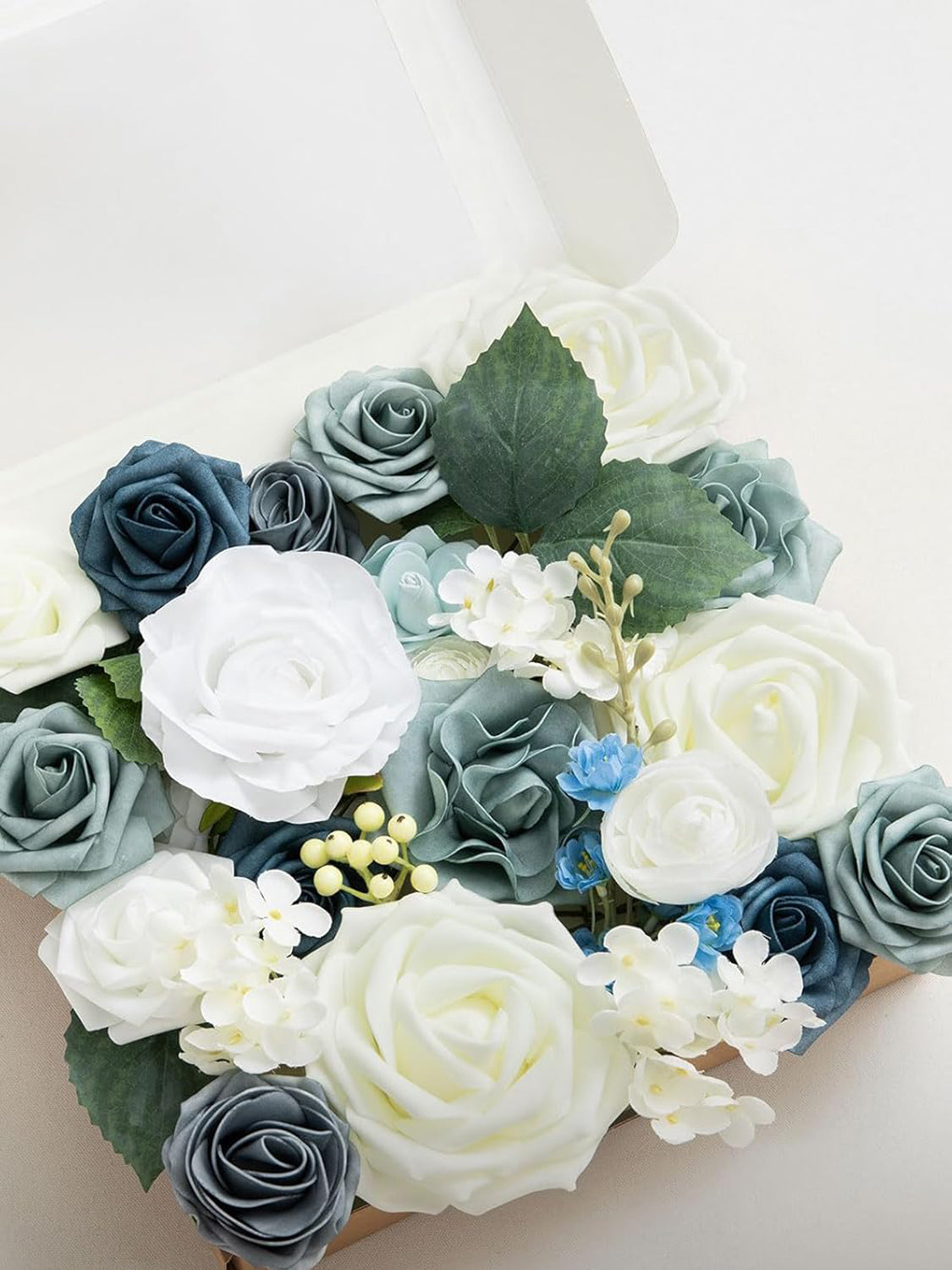 Dusty Blue & Ivory Fake Roses Gardenia Silk Hydrangea Flowers Box