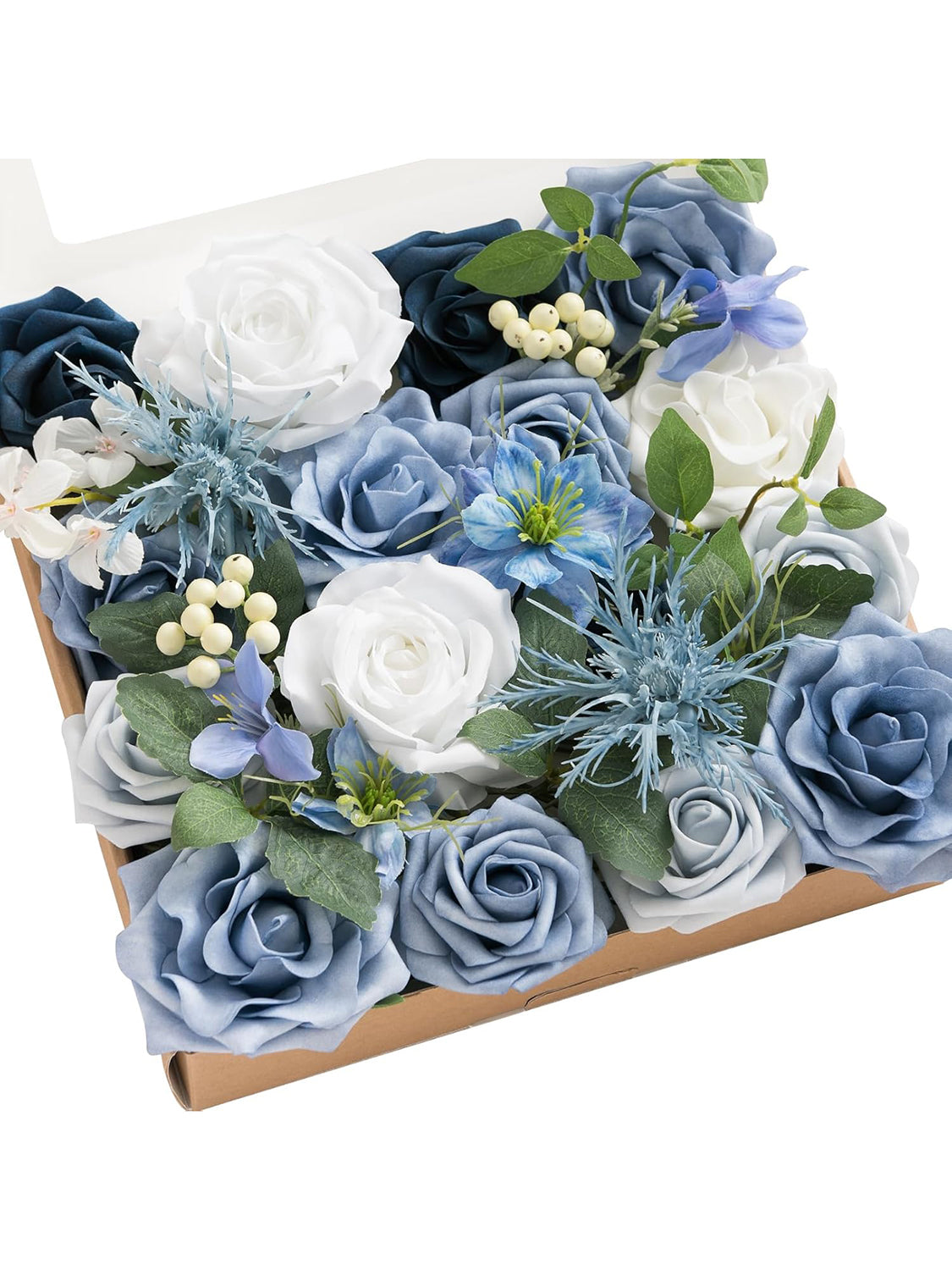 Dusty Blue & Ivory & Sage Fake Greenery Roses Berry Morning Glory Flowers Box