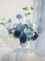 Dusty Blue & Ivory & Sage Fake Greenery Roses Berry Morning Glory Flowers Box