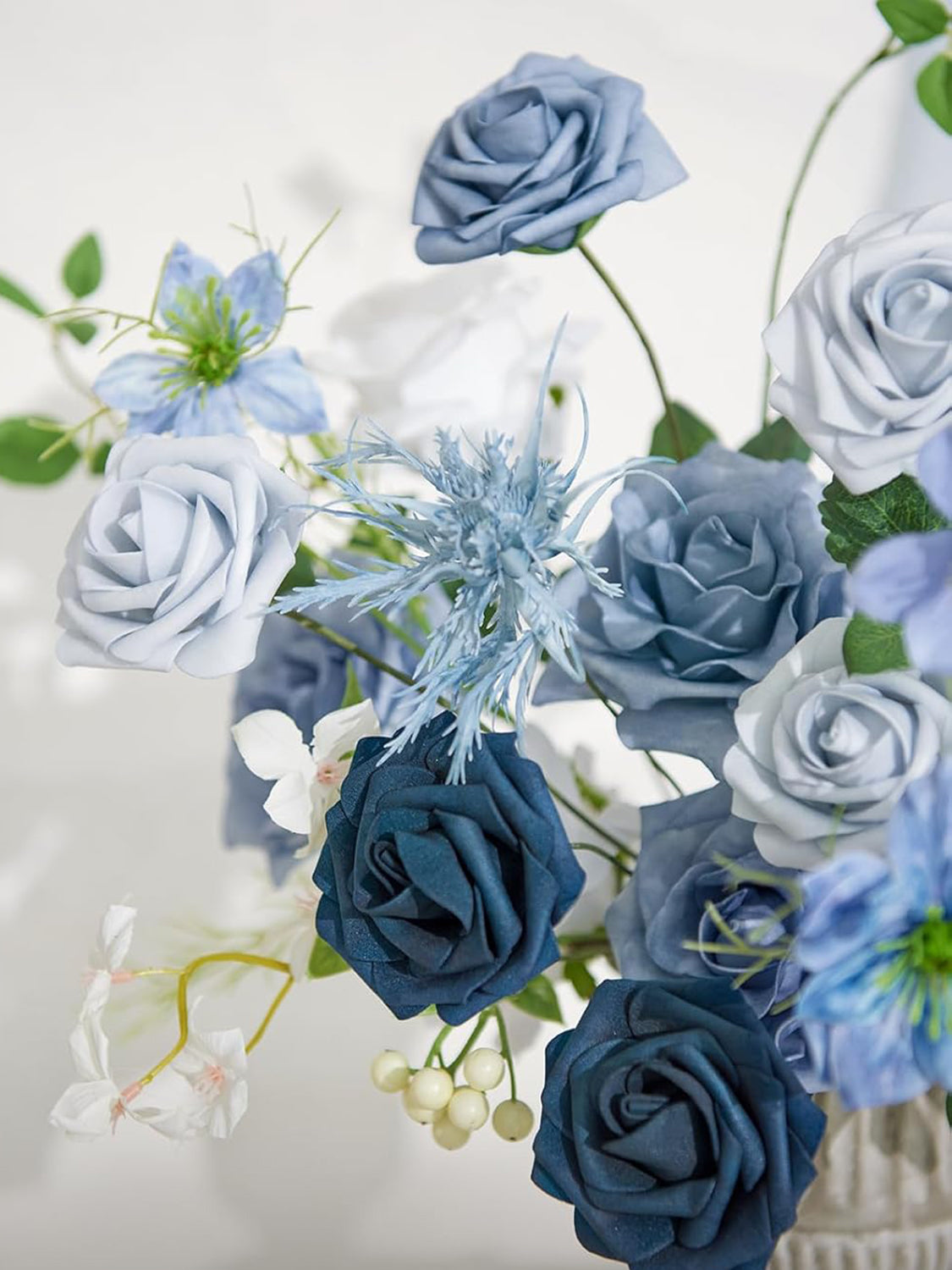 Dusty Blue & Ivory & Sage Fake Greenery Roses Berry Morning Glory Flowers Box