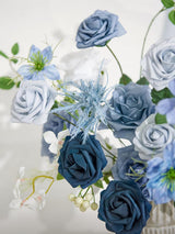 Dusty Blue & Ivory & Sage Fake Greenery Roses Berry Morning Glory Flowers Box