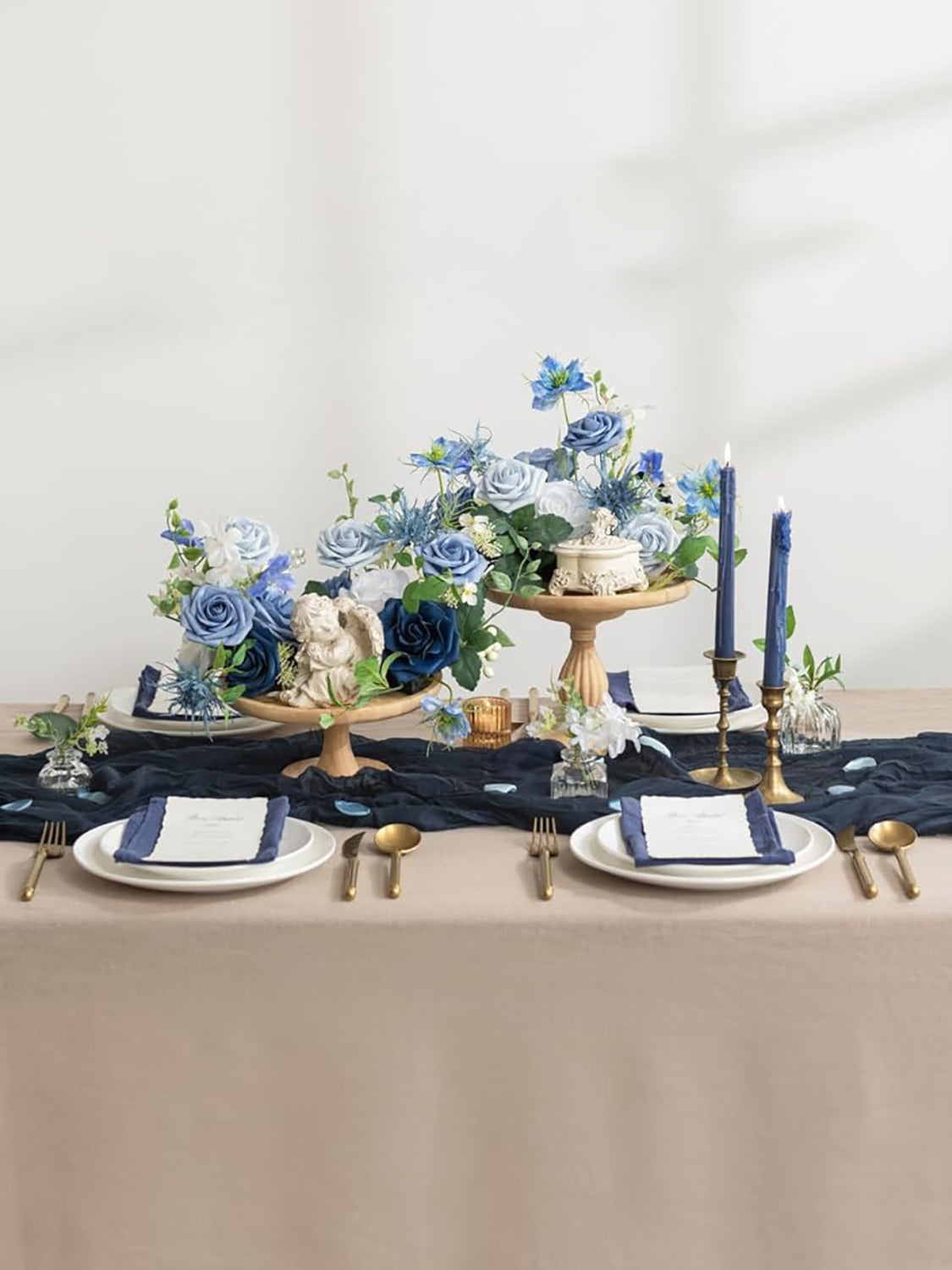 Dusty Blue & Ivory & Sage Fake Greenery Roses Berry Morning Glory Flowers Box