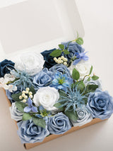 Dusty Blue & Ivory & Sage Fake Greenery Roses Berry Morning Glory Flowers Box