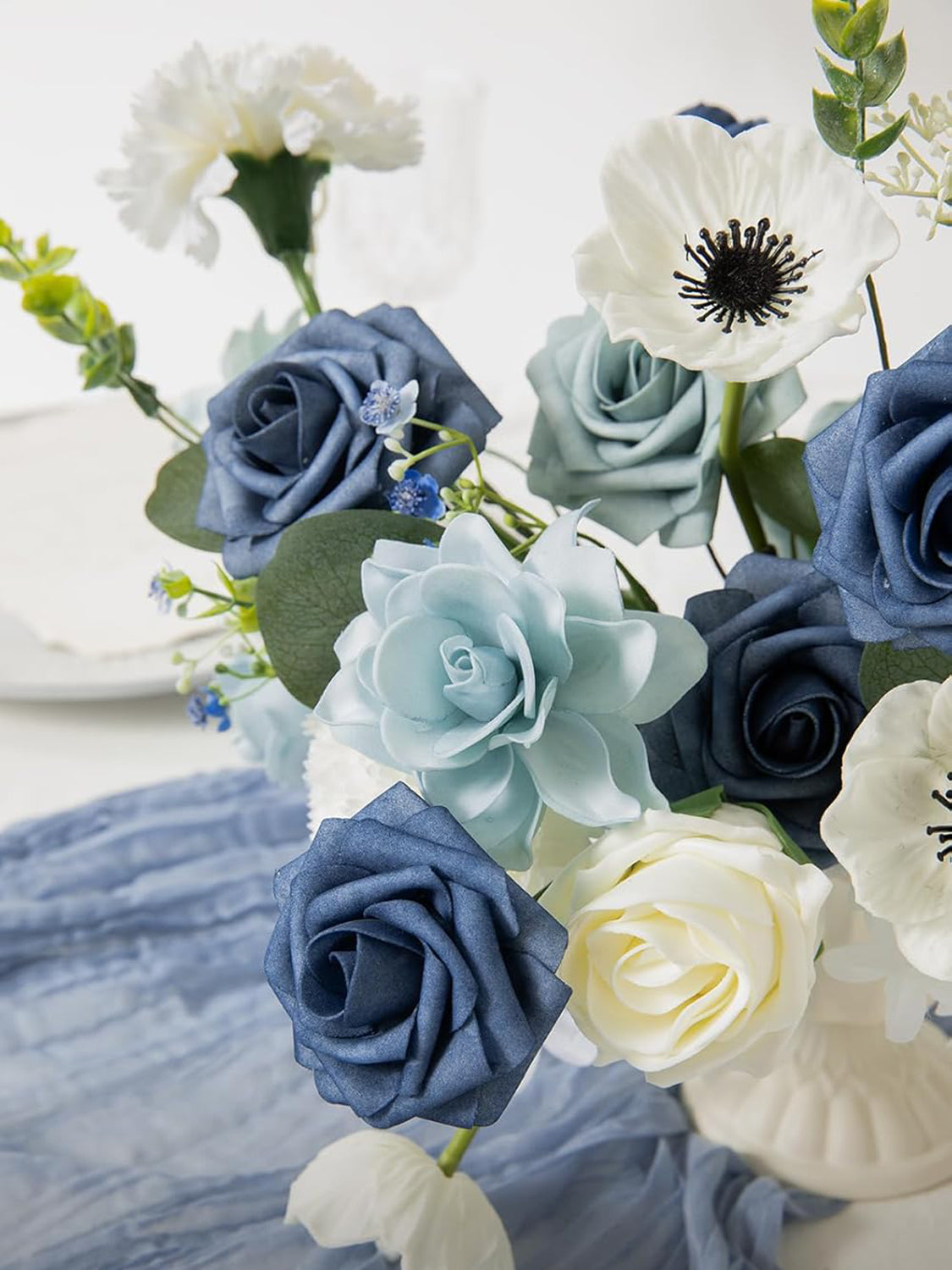 Dusty Blue & Navy Fake Roses Silk Dahlia Flowers Box