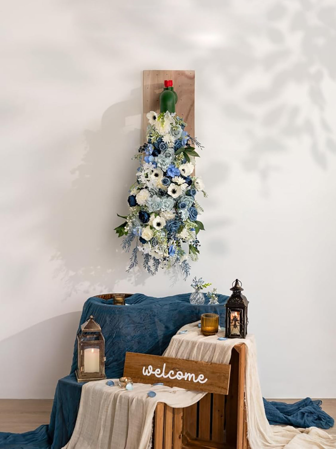 Dusty Blue & Navy Fake Roses Silk Dahlia Flowers Box