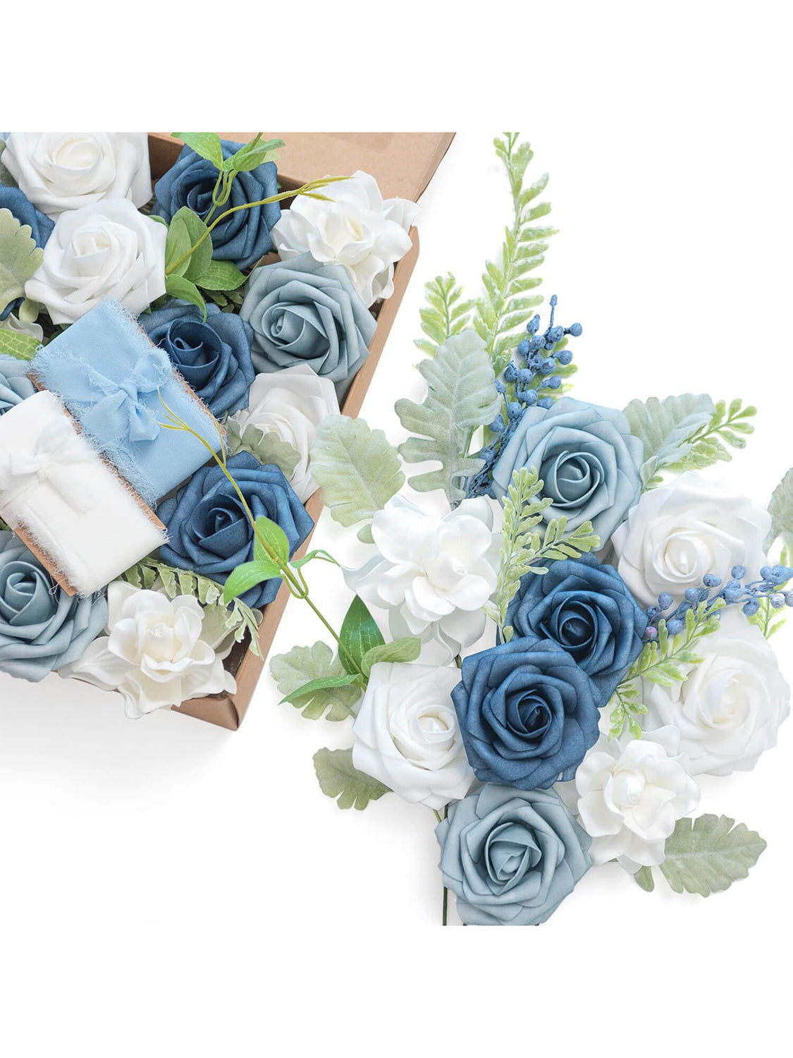 Dusty Blue & Navy & Ivory Fake Roses Gardenia Poppy Eucalyptus Flowers Box