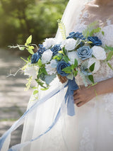 Dusty Blue & Navy & Ivory Fake Roses Gardenia Poppy Eucalyptus Flowers Box
