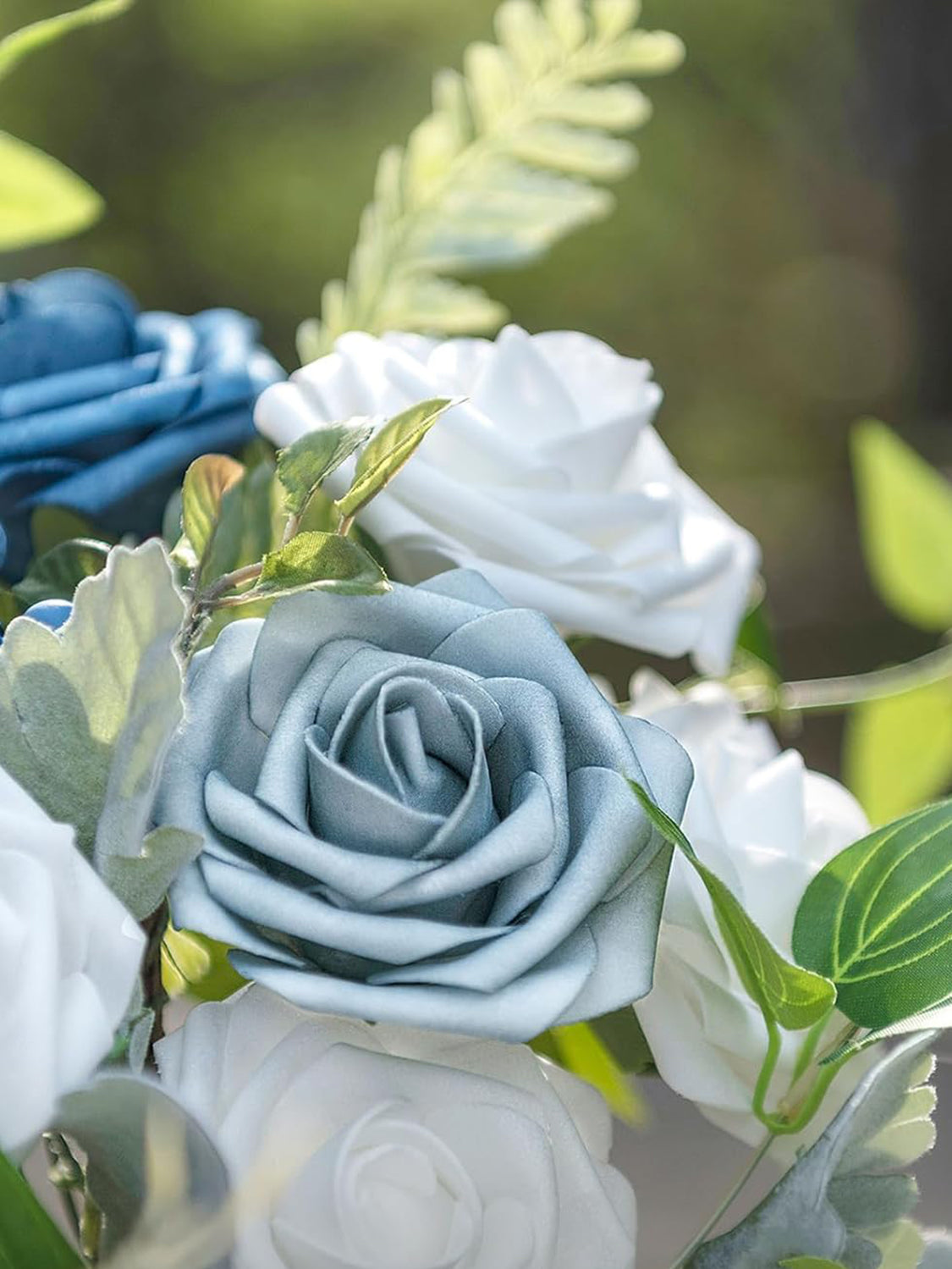 Dusty Blue & Navy & Ivory Fake Roses Gardenia Poppy Eucalyptus Flowers Box