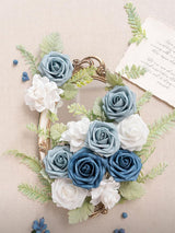 Dusty Blue & Navy & Ivory Fake Roses Gardenia Poppy Eucalyptus Flowers Box