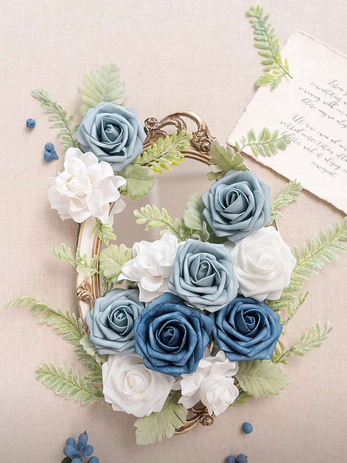 Dusty Blue & Navy & Ivory Fake Roses Gardenia Poppy Eucalyptus Flowers Box