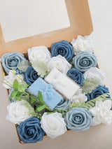 Dusty Blue & Navy & Ivory Fake Roses Gardenia Poppy Eucalyptus Flowers Box