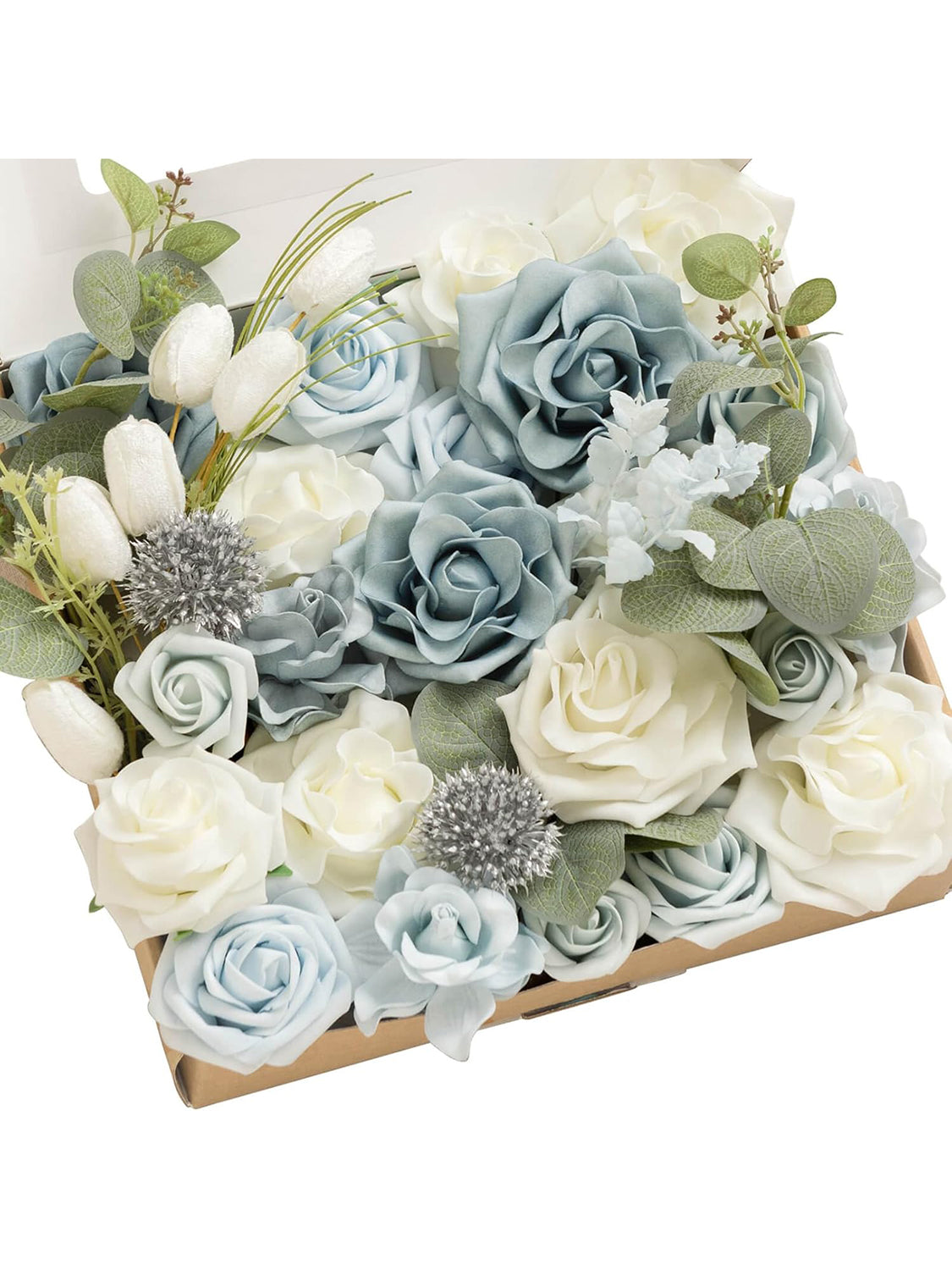 Dusty Blue & Navy & White Fake Roses Gardenia Flowers Box