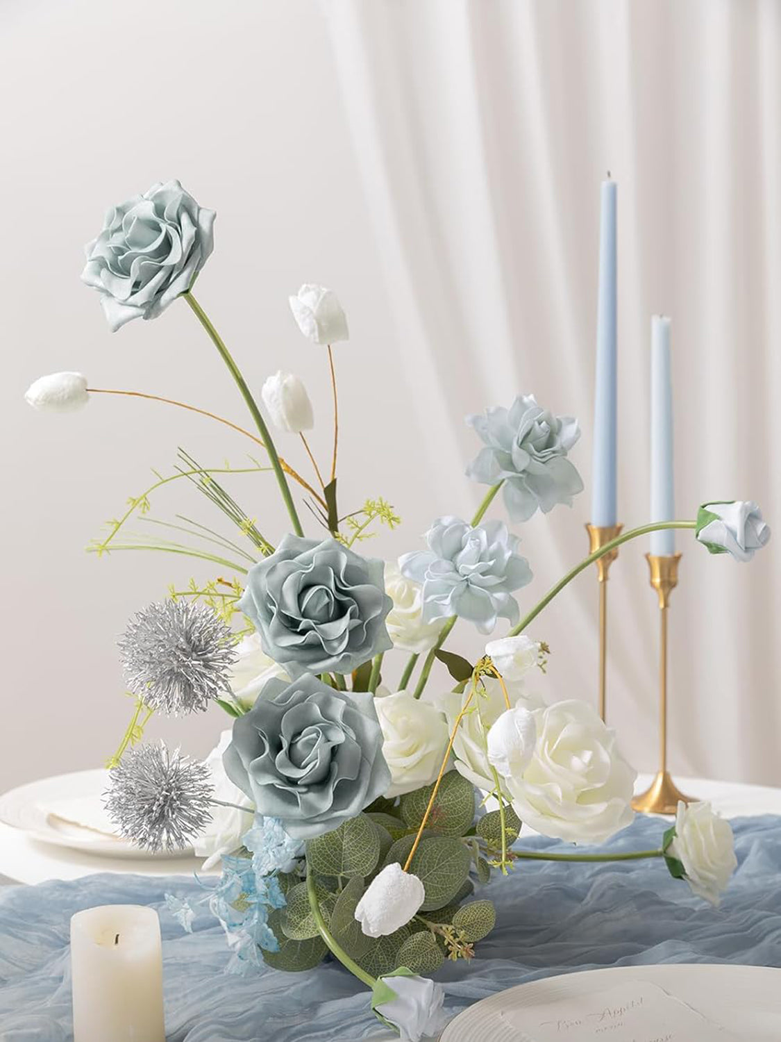 Dusty Blue & Navy & White Fake Roses Gardenia Flowers Box