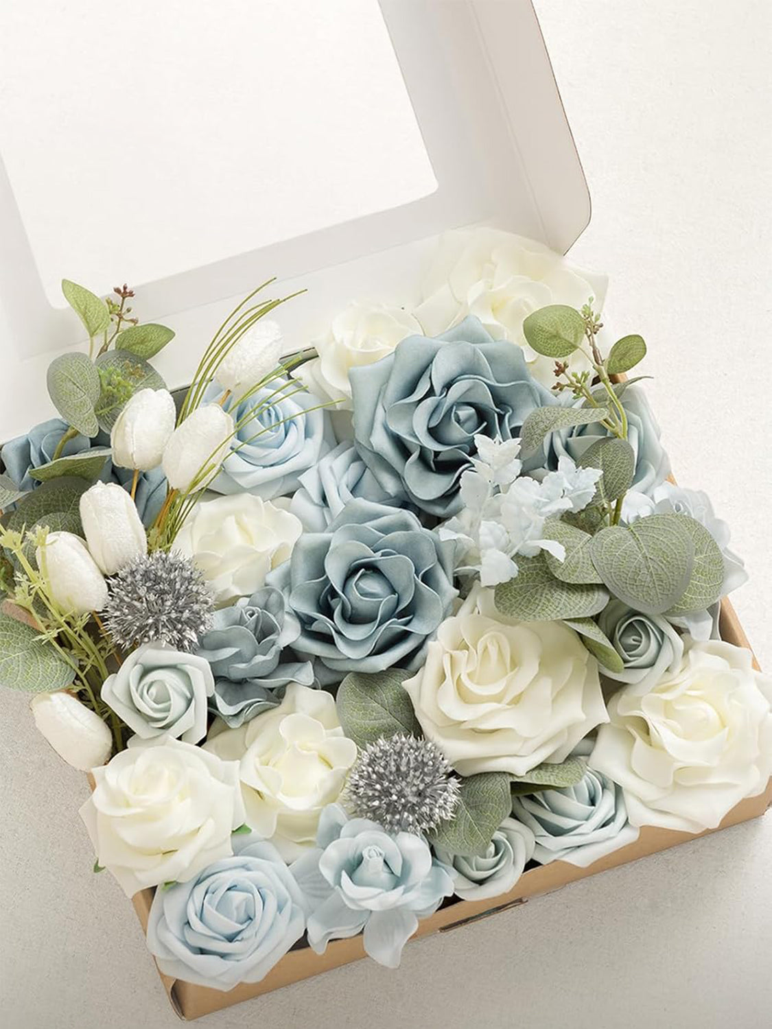 Dusty Blue & Navy & White Fake Roses Gardenia Flowers Box