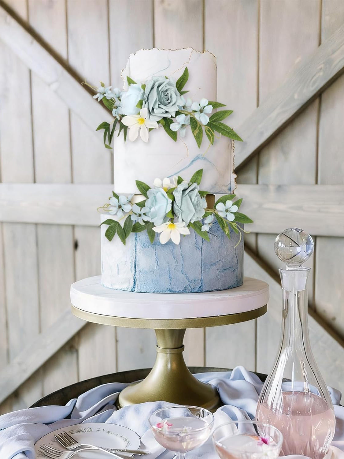 Light Blue Fake Flowers Wedding Cake Topper Decorations Set