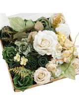 Emerald & Tawny Beige Fake Roses Dahlia Ranunculus Flowers Box