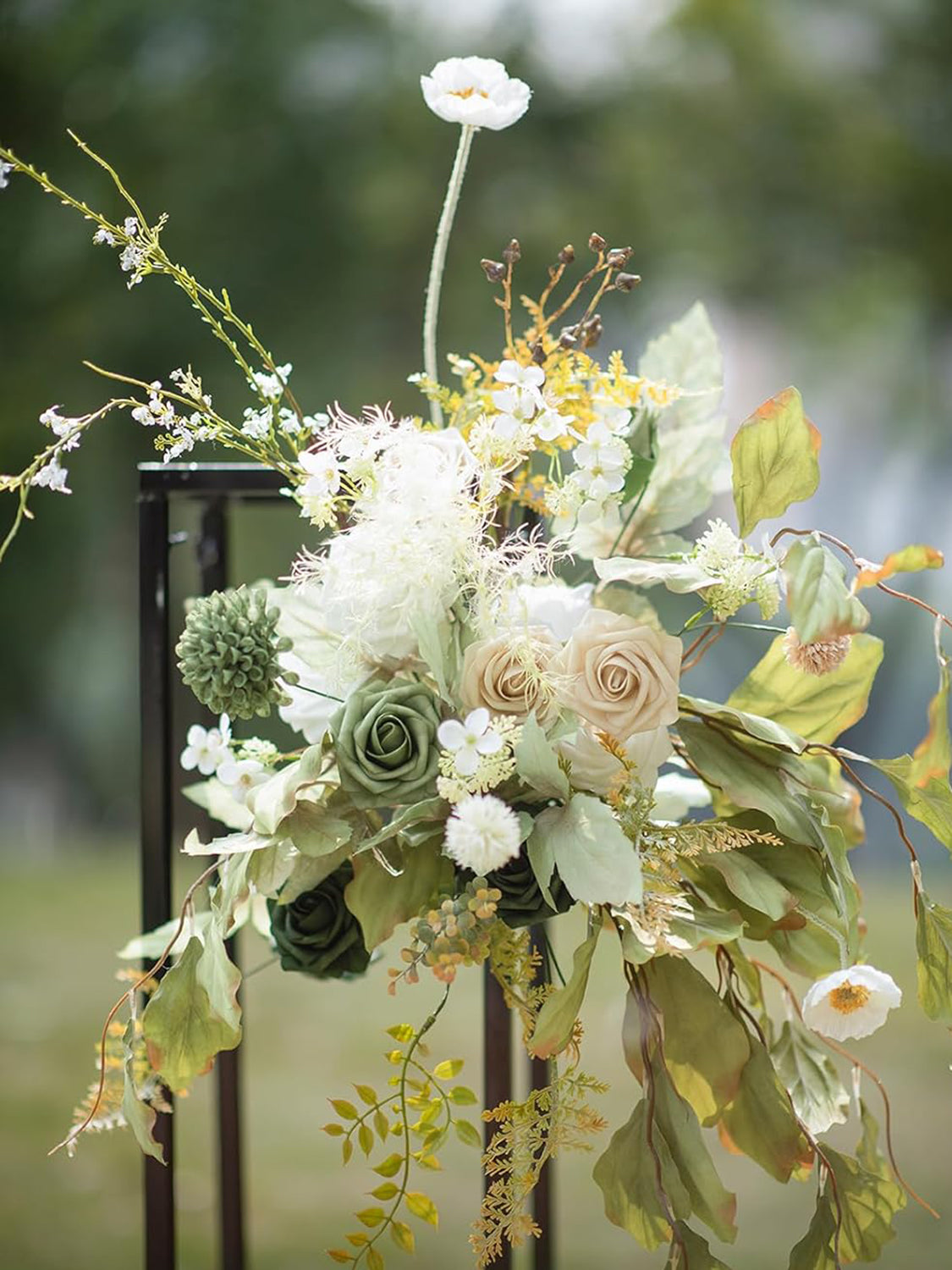 Emerald & Tawny Beige Fake Roses Dahlia Ranunculus Flowers Box